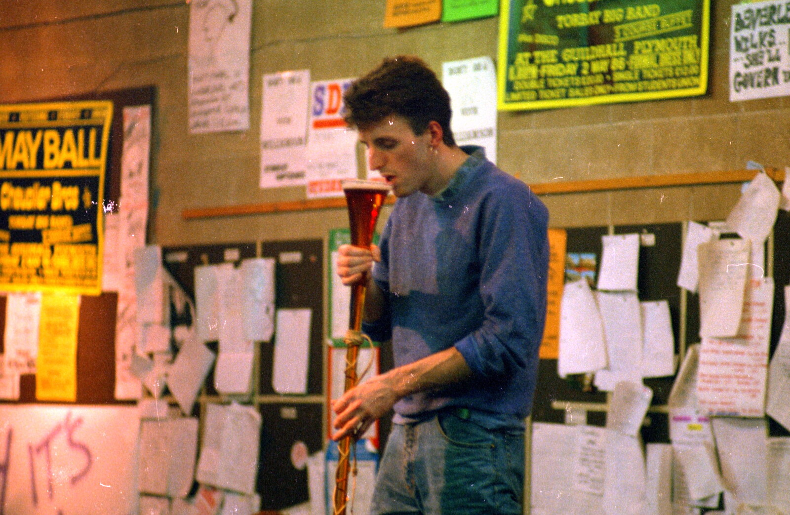 Grant readies the yard of ale from Uni: The End of Term and Whitsand Bay, Plymouth and New Milton - 21st March 1986