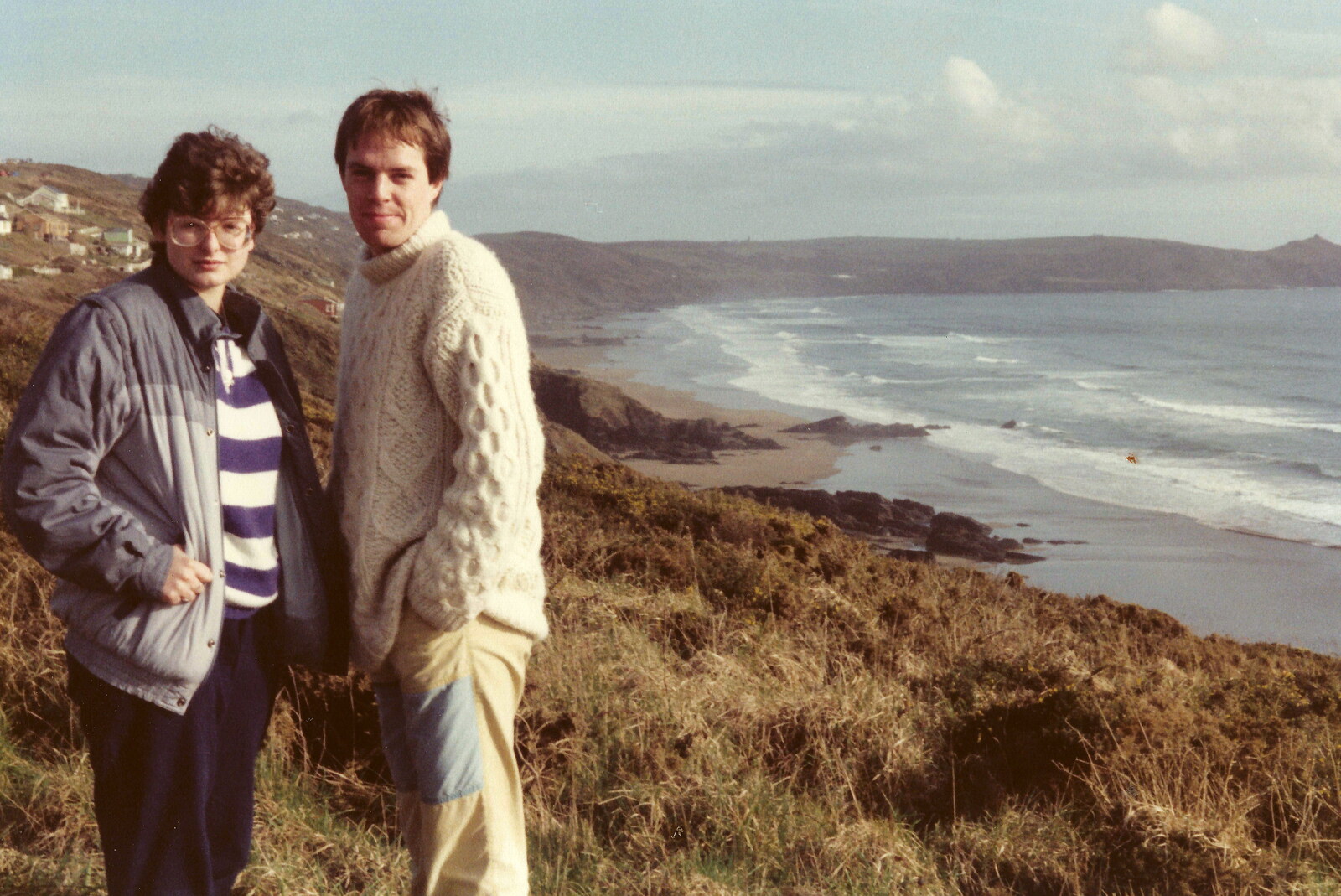 Barbara and Malcolm on the clifftop at Whitsand Bay from Uni: The End of Term and Whitsand Bay, Plymouth and New Milton - 21st March 1986