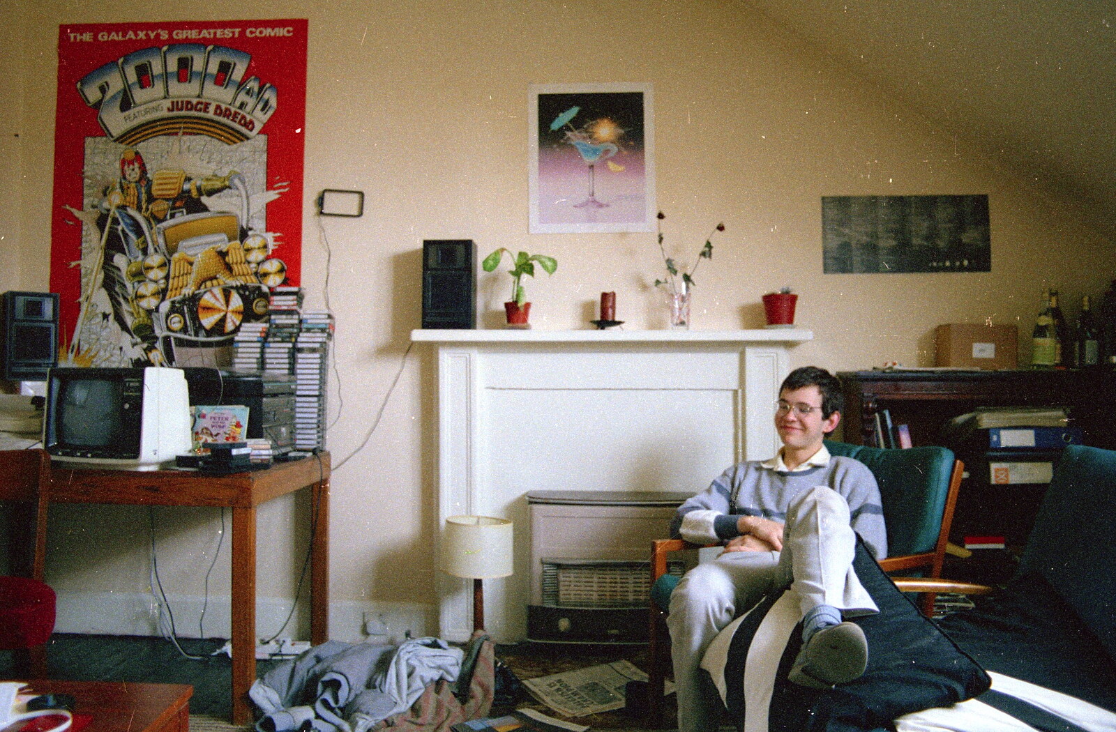 Phil in his room, with Judge Dredd from A Trip to Trinity College, Cambridge - 23rd March 1986