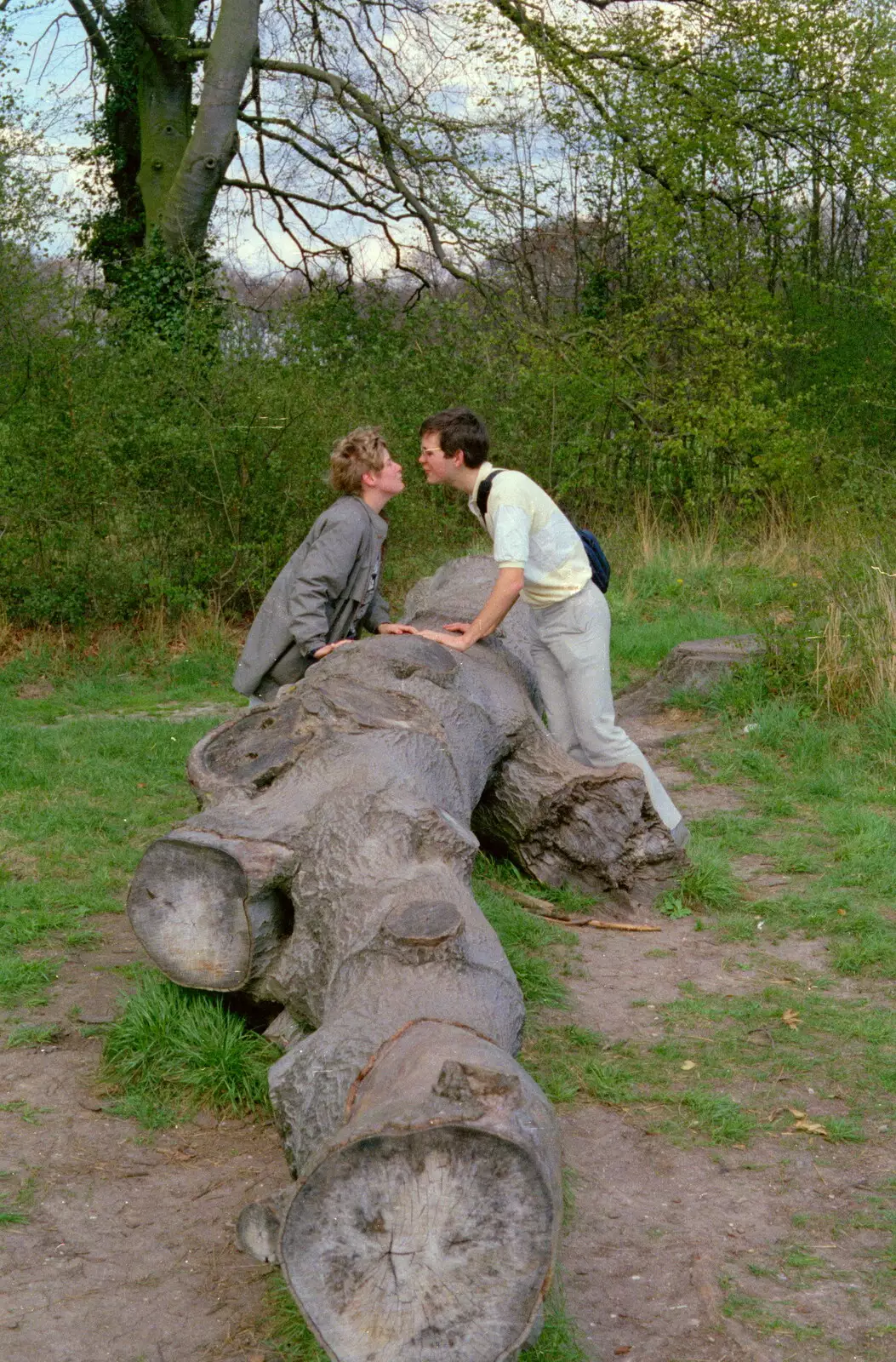 Anna and Phil have a snog over a fallen tree trunk, from A Trip to Trinity College, Cambridge - 23rd March 1986