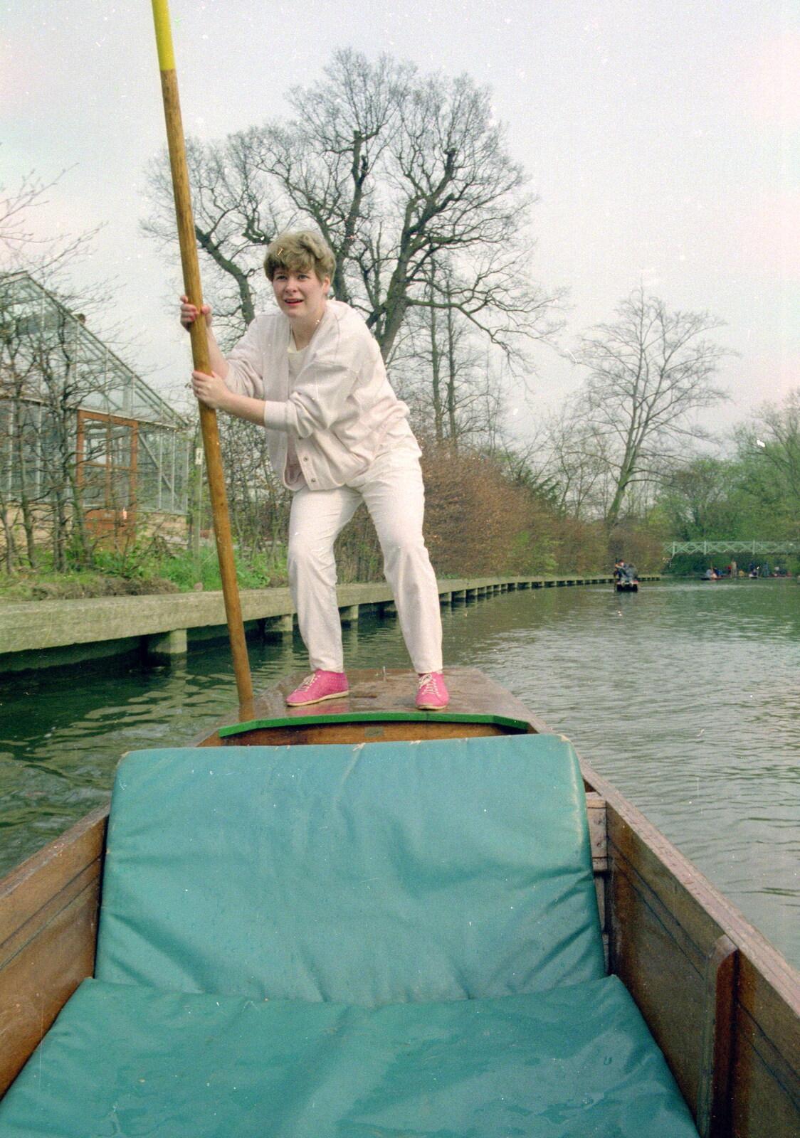 Anna has a go at punting from A Trip to Trinity College, Cambridge - 23rd March 1986