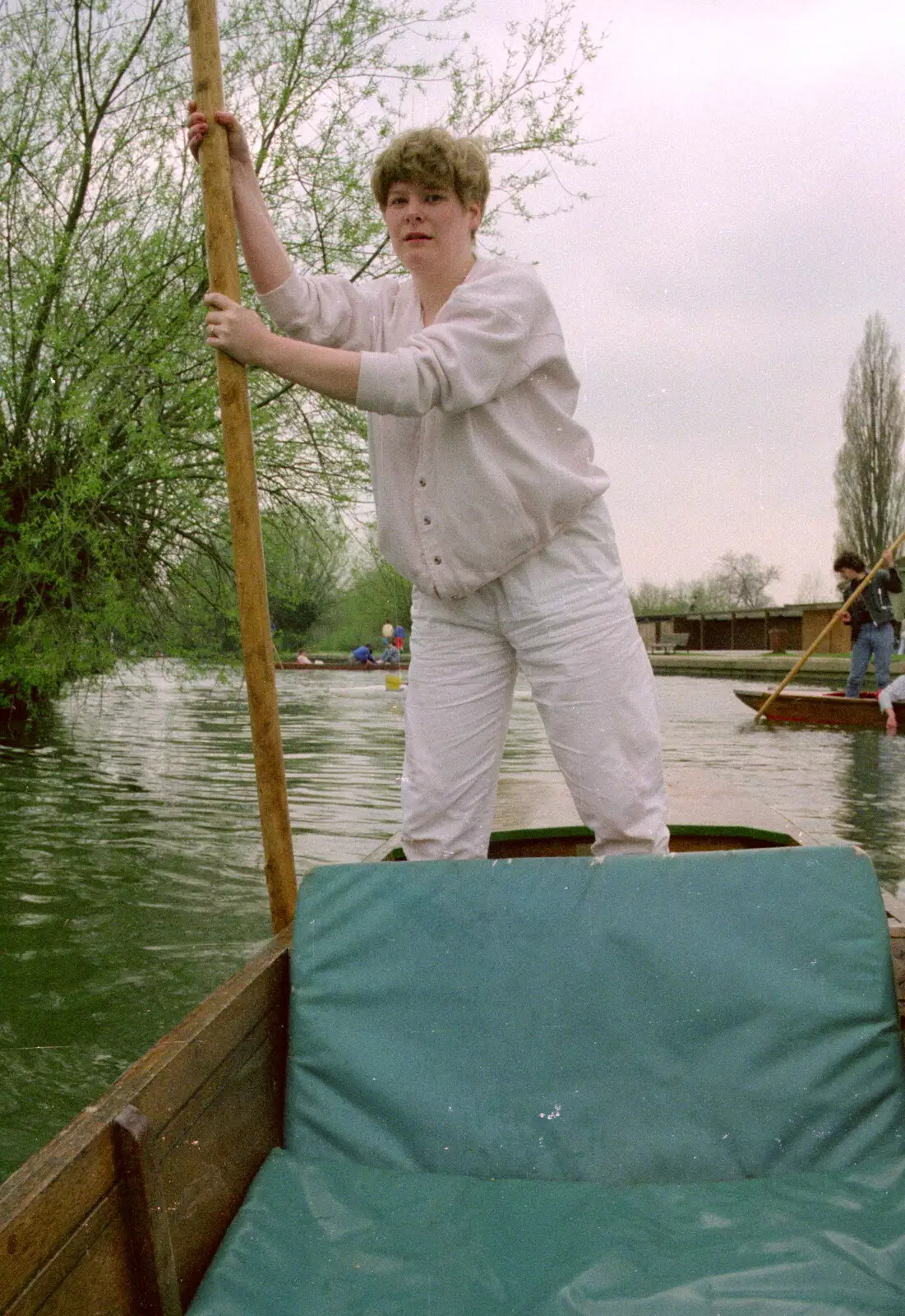 Anna pushes on the punt pole, from A Trip to Trinity College, Cambridge - 23rd March 1986