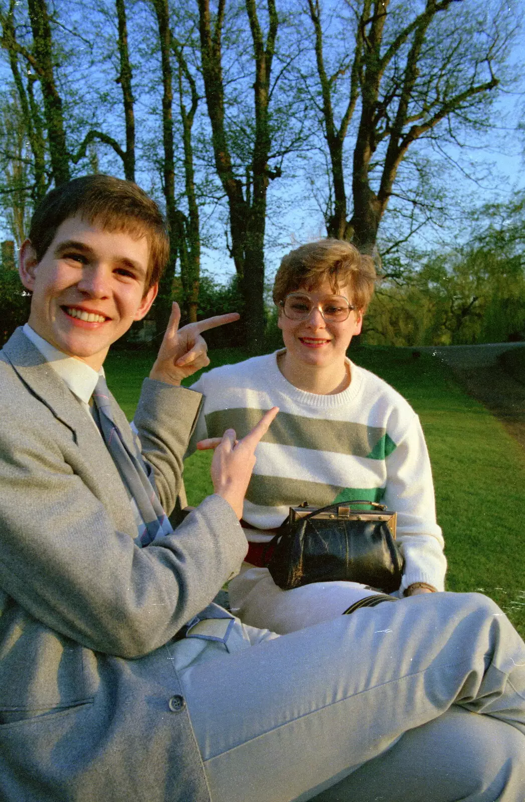 Phil points at his specs on Anna's head, from A Trip to Trinity College, Cambridge - 23rd March 1986