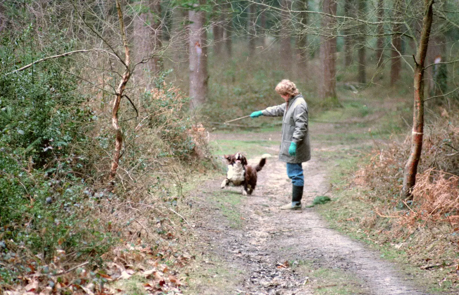 Anna with a stick and a dog, from A CB Reunion and a Trip to the Beach, Barton on Sea, Hampshire - 4th April 1986