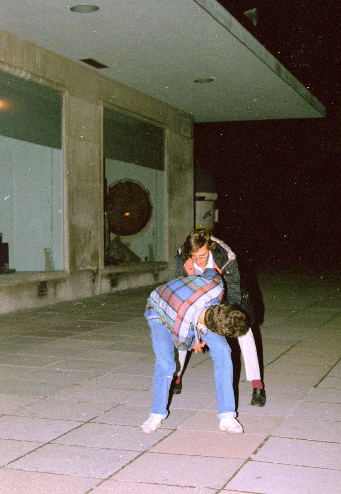 Mike and Andy wrestle outside Dingles from Uni: Another Session in the James Street Vaults, Plymouth - 15th April 1986