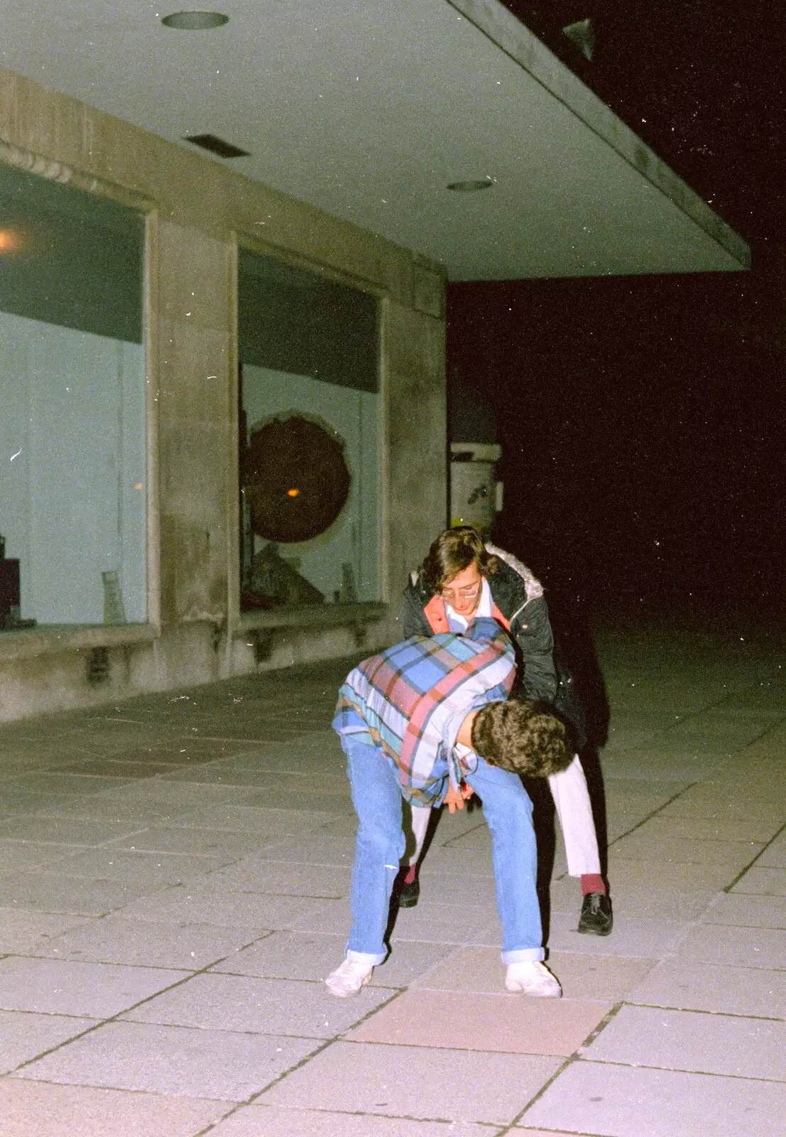 Mike and Andy wrestle outside Dingles, from Uni: Another Session in the James Street Vaults, Plymouth - 15th April 1986