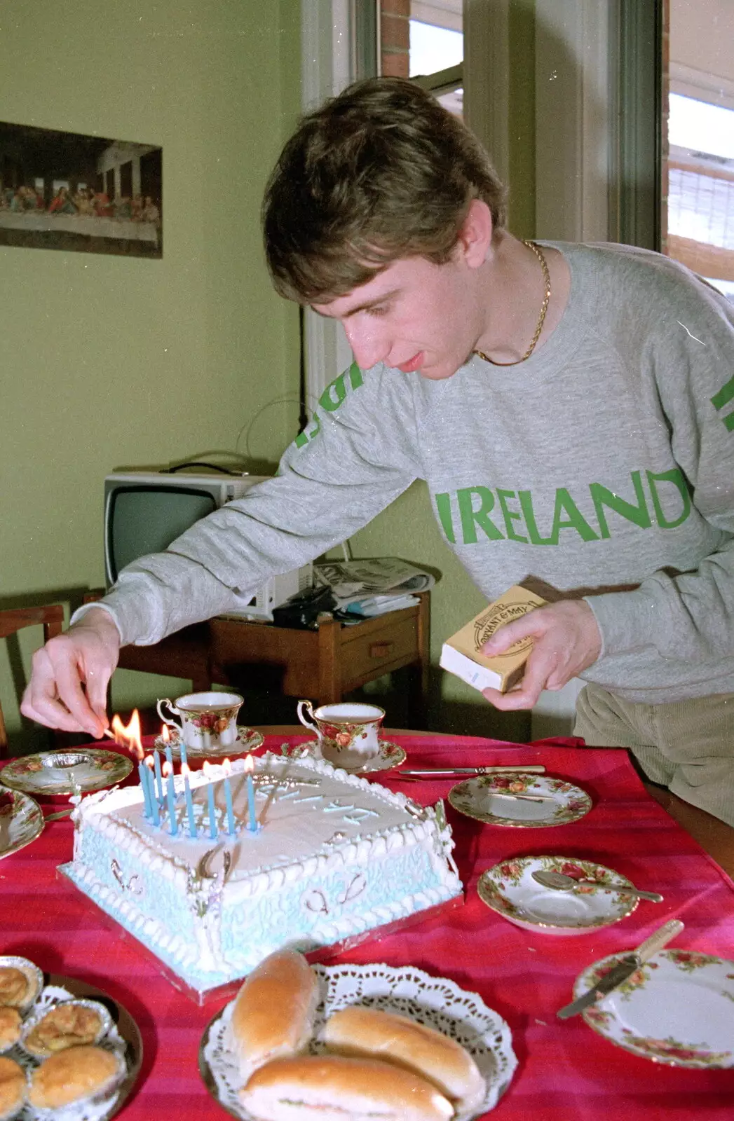 Dave sets fire to his cake, from Trotsky's Birthday, New Malden, Kingston Upon Thames - 20th April 1986