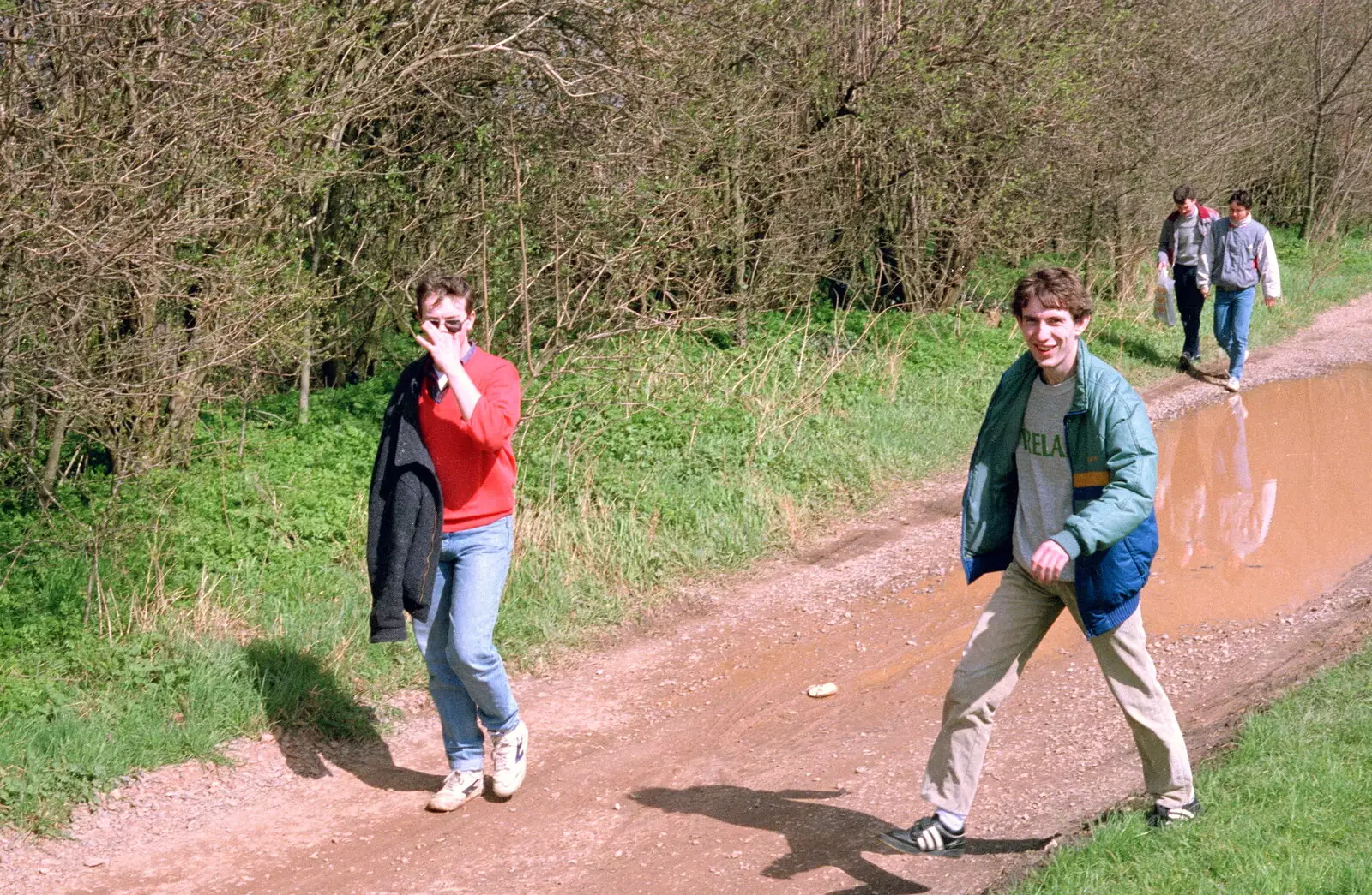 The lads walk down the banks of the Thames, from Trotsky's Birthday, New Malden, Kingston Upon Thames - 20th April 1986