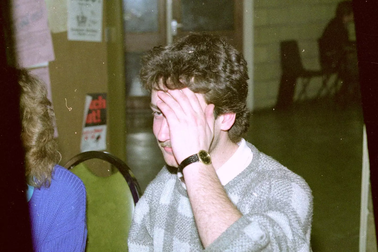 Mark tries to hide, from Uni: A Breadsticks Dinner Party and a Night in PPSU, Cromwell Road, Plymouth - 28th April 1986