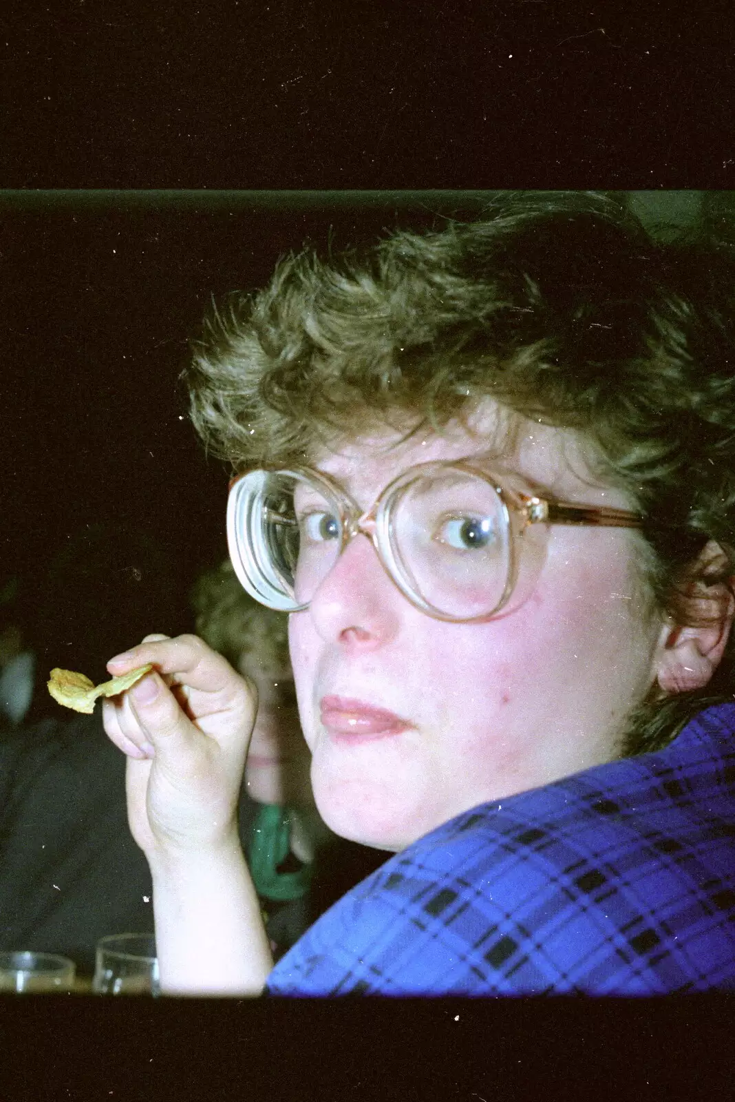 Barbara tries to eat a crisp in peace, from Uni: A Breadsticks Dinner Party and a Night in PPSU, Cromwell Road, Plymouth - 28th April 1986