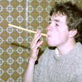 Andy smokes his breadstick, Uni: A Breadsticks Dinner Party and a Night in PPSU, Cromwell Road, Plymouth - 28th April 1986