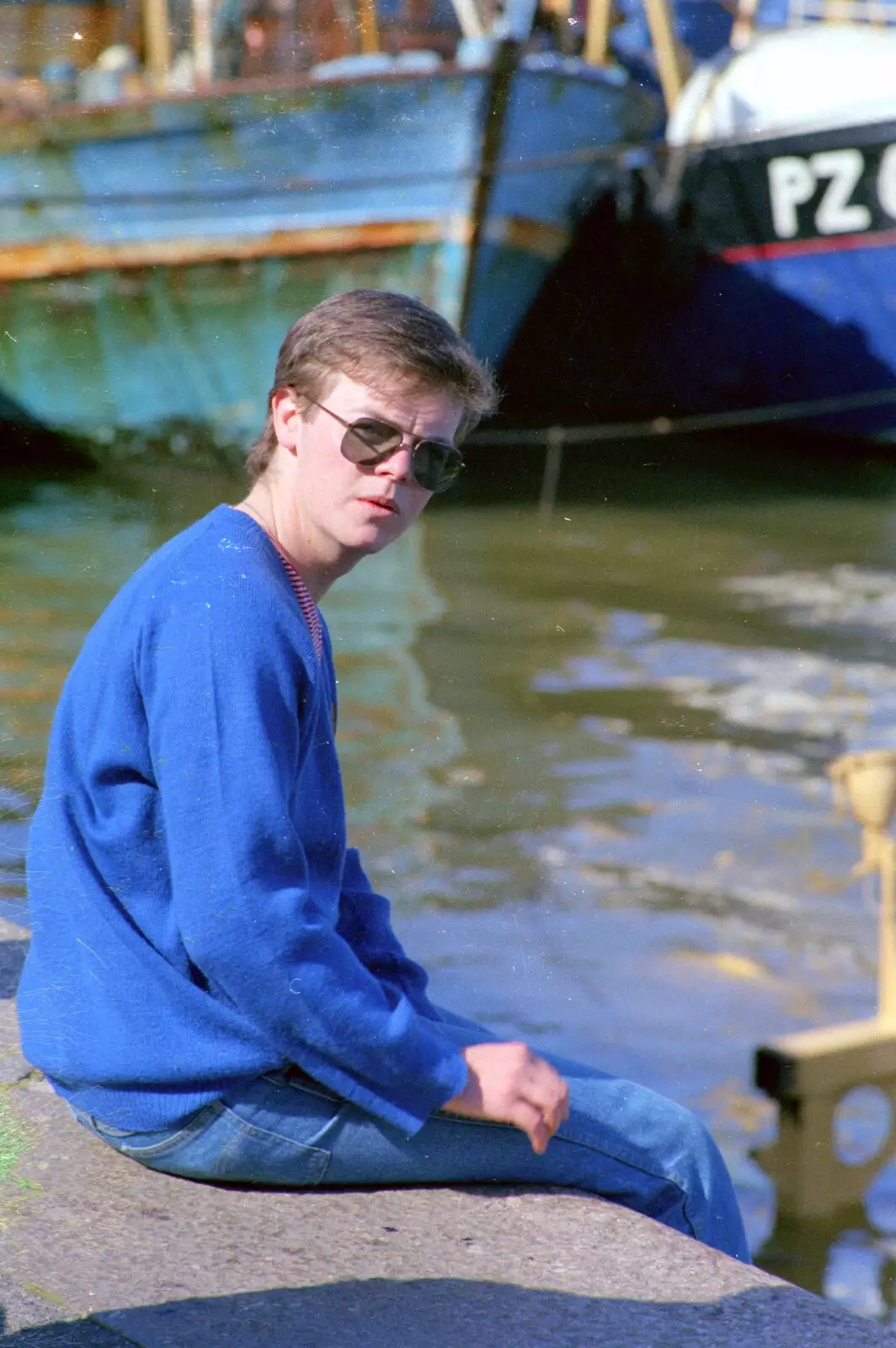 Dave Lock sits on the wall by Sutton Harbour, from Uni: Night and Day on the Barbican, Plymouth, Devon - 1st May 1986