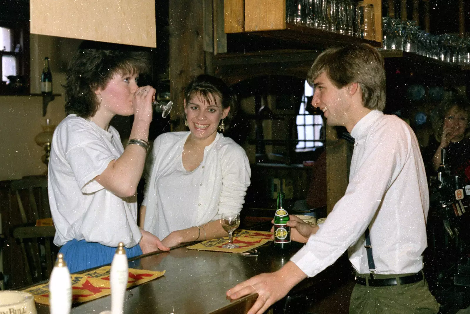 Ruth pretends to have a sip, from Uni: The Plymouth Polytechnic Satique Project, Salcombe and Plymouth - 10th May 1986