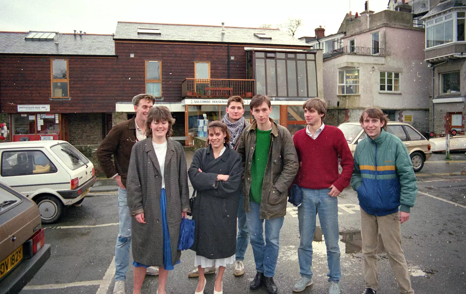 A group photo after the Salcombe photo shoot, from Uni: The Plymouth Polytechnic Satique Project, Salcombe and Plymouth - 10th May 1986