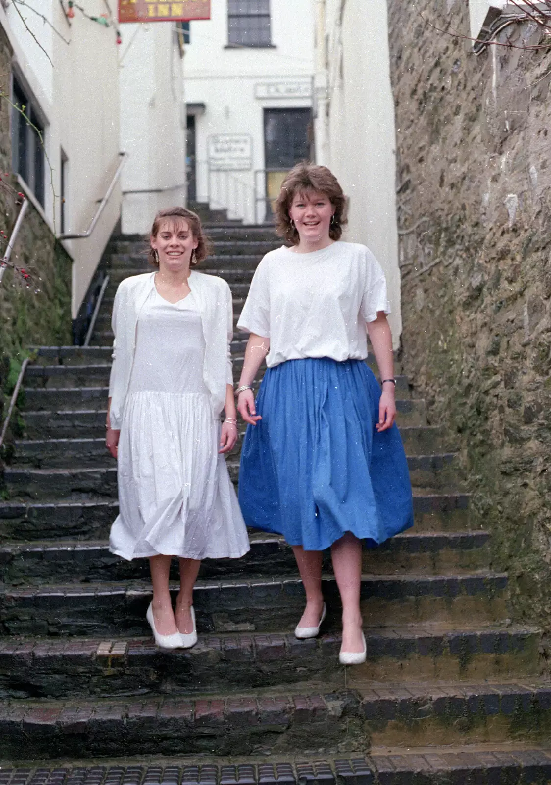 Michelle and Ruth stroll down the steps, from Uni: The Plymouth Polytechnic Satique Project, Salcombe and Plymouth - 10th May 1986