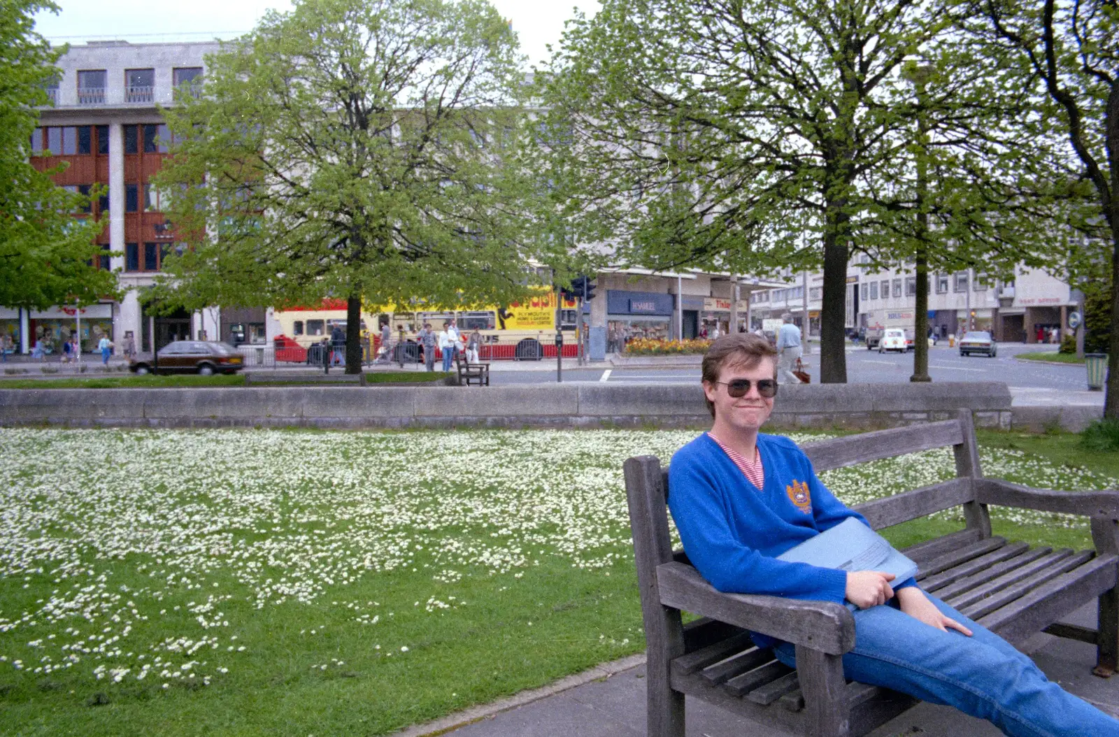 Dave Lock sits on a bench near Royal Parade, from Uni: A Tutorial Miscellany and Cromwell Road, Plymouth Polytechnic, Devon - 14th May 1986