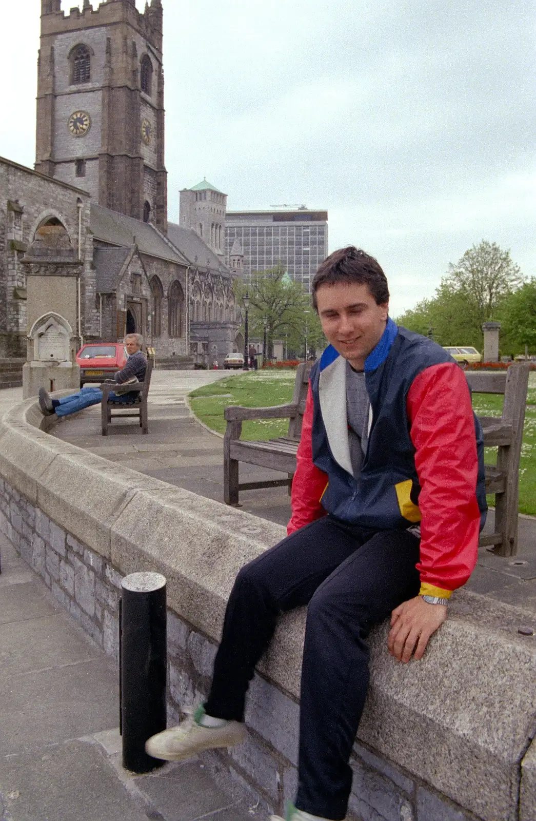 Riki sits on a wall by Whimple Street, from Uni: A Tutorial Miscellany and Cromwell Road, Plymouth Polytechnic, Devon - 14th May 1986