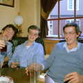 Dave M, Dave L and Andy share a joke, Uni: Neath Road and a JSV Happy Hour, Plymouth - 15th May 1986