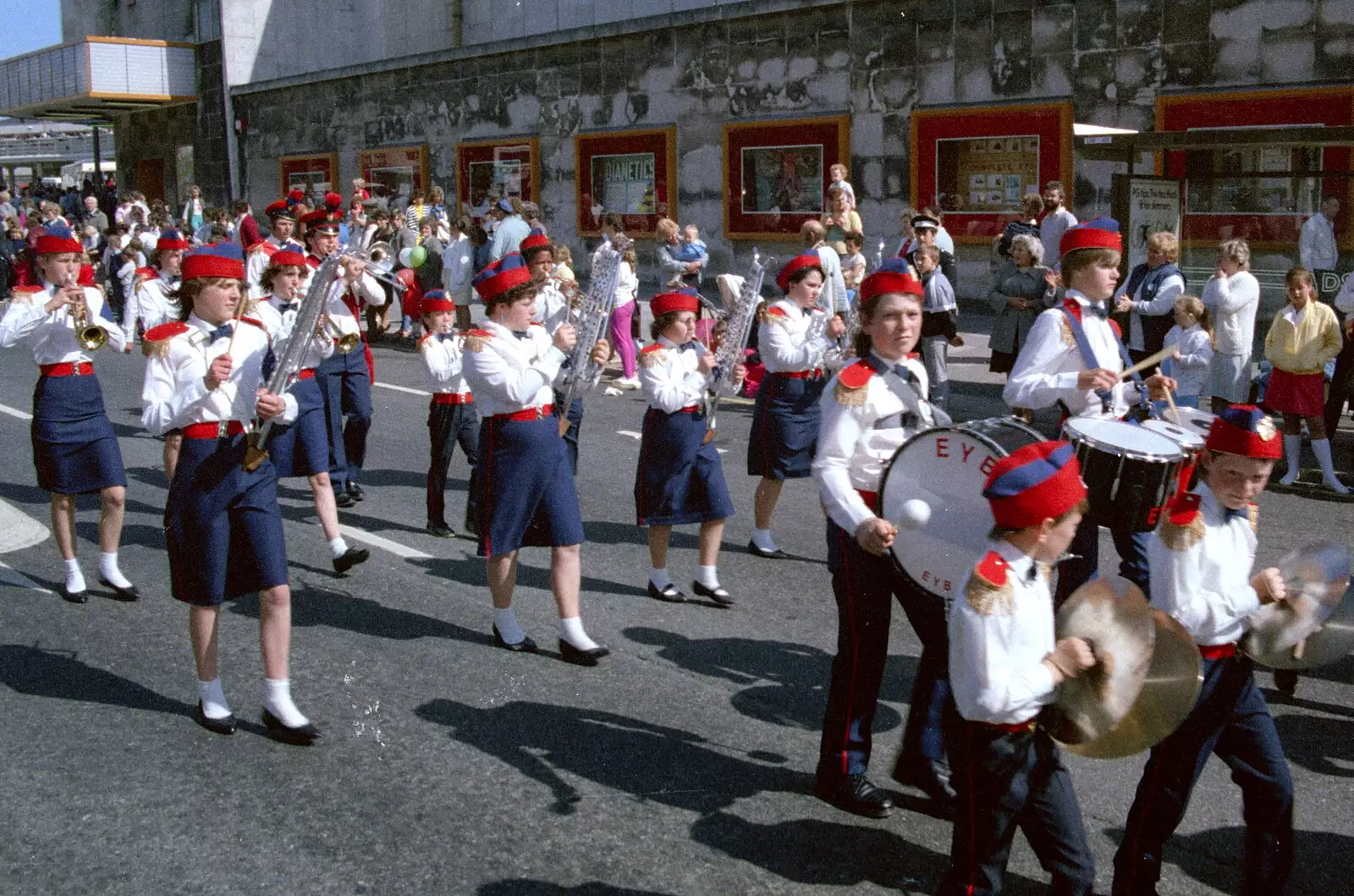 Another marching band passes the cinema, from Uni: The Lord Mayor's Procession, Plymouth, Devon - 21st May 1986