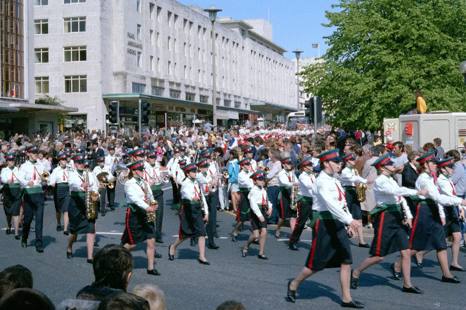 Another marching band reaches Derry's Cross, from Uni: The Lord Mayor's Procession, Plymouth, Devon - 21st May 1986