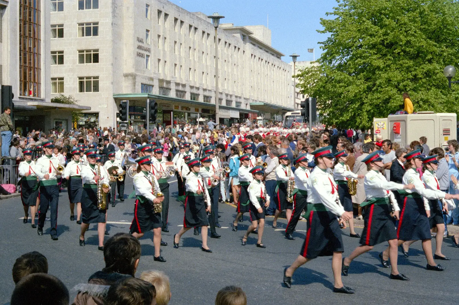 Another marching band reaches Derry's Cross, from Uni: The Lord Mayor's Procession, Plymouth, Devon - 24th May 1986