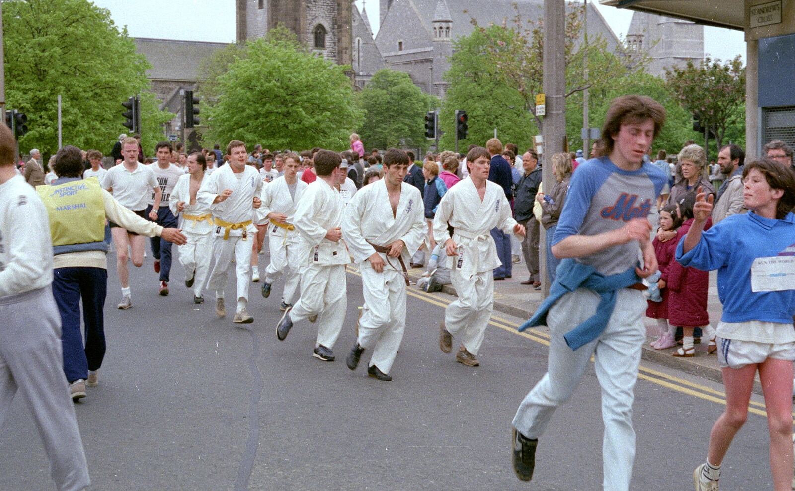A karate club head up St. Andrew's Cross from Uni: Sport Aid - Run The World, Plymouth, Devon - 25th May 1986