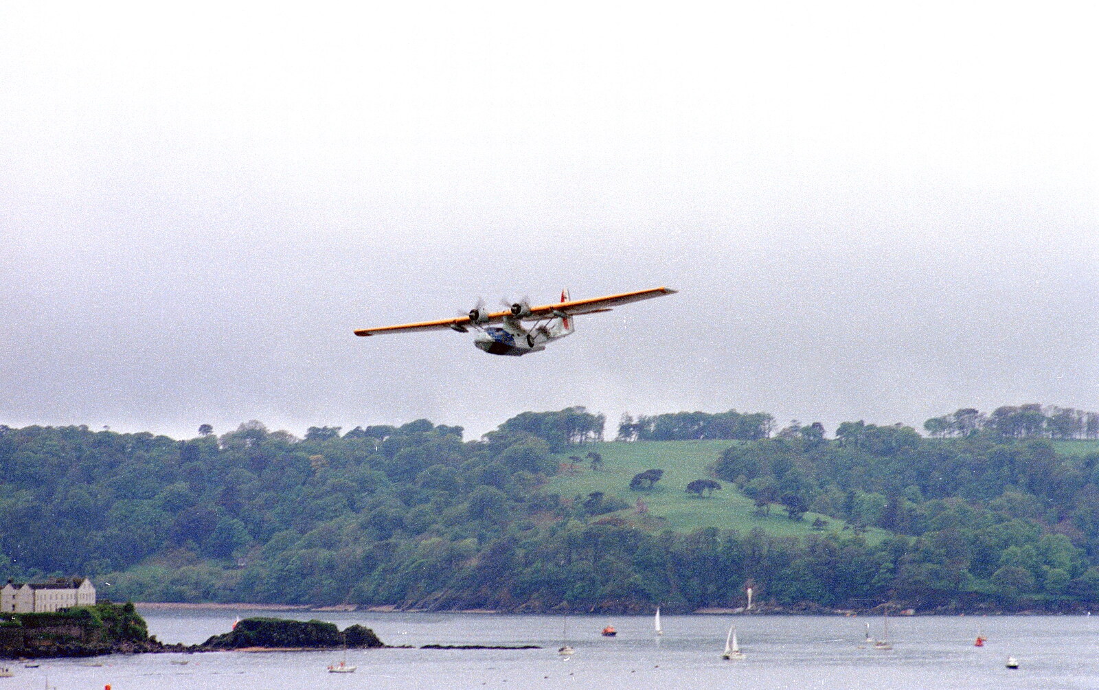 The PBY does a pass over Drake's Island from Uni: The Navy-Curtiss NC-4 Trans-Atlantic Flight, Plymouth Sound - 31st May 1986