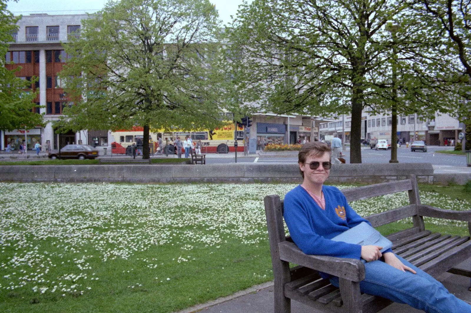 Dave Lock sits on a bench near Royal Parade, from Uni: A Tutorial Miscellany and Cromwell Road, Plymouth Polytechnic, Devon - 2nd June 1986