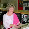 Julie types something on a real typewriter, Uni: PPSU Office Staff and a Night in the Students' Union Bar, Plymouth - 10th June 1986