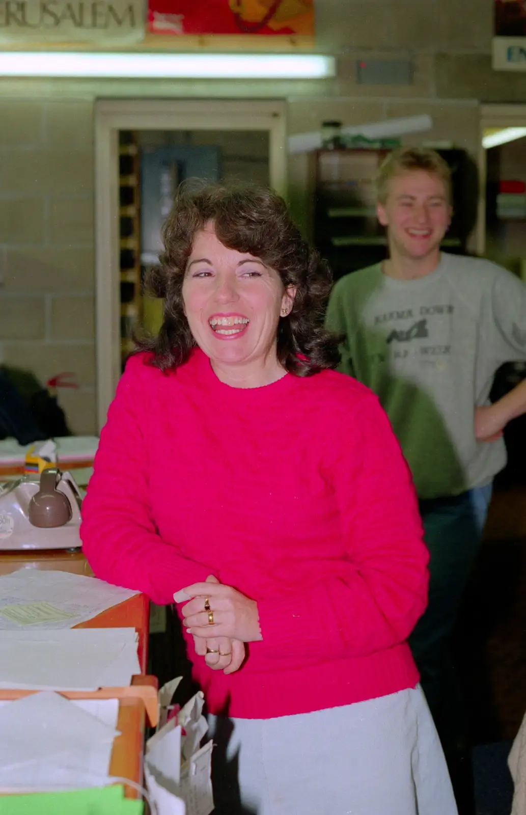 Maureen leans on the office counter, from Uni: PPSU Office Staff and a Night in the Students' Union Bar, Plymouth - 10th June 1986