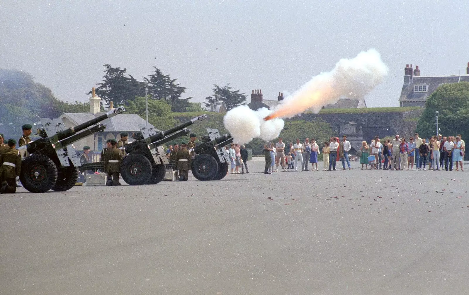 Flames and smoke from a blank shell going off, from Uni: Twenty One Guns and Footie on the Beach, Plymouth Hoe and Salcombe, Devon - 15th June 1986