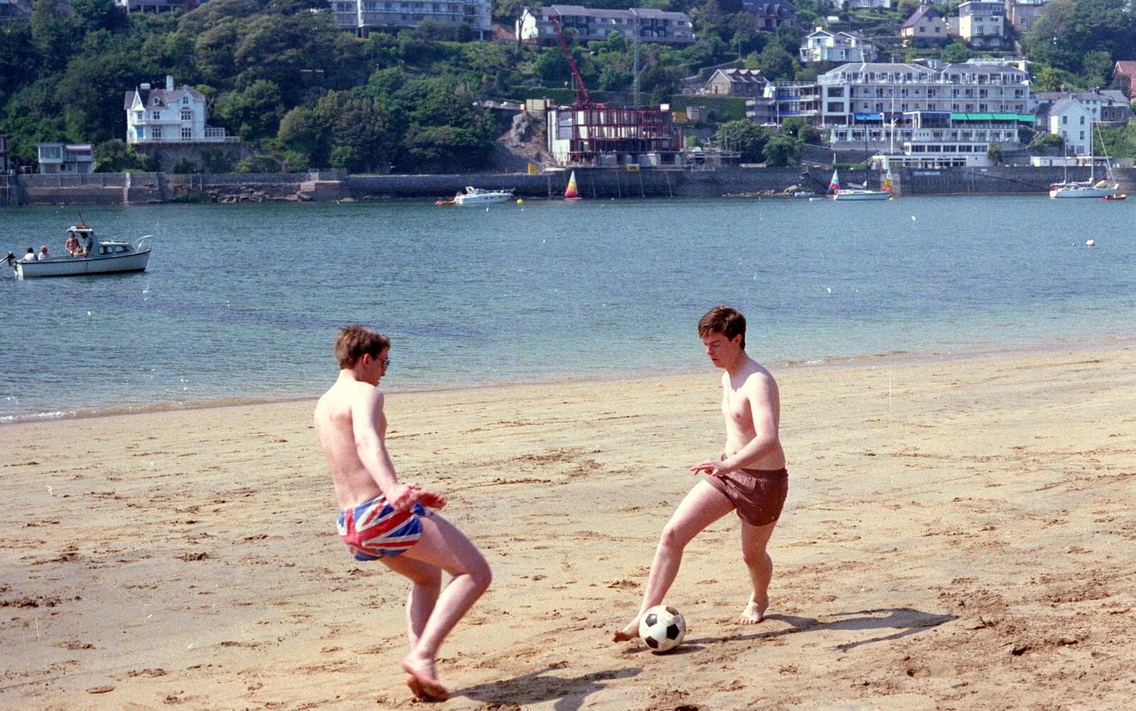 Dave's on the ball from Uni: Twenty One Guns and Footie on the Beach, Plymouth Hoe and Salcombe, Devon - 15th June 1986
