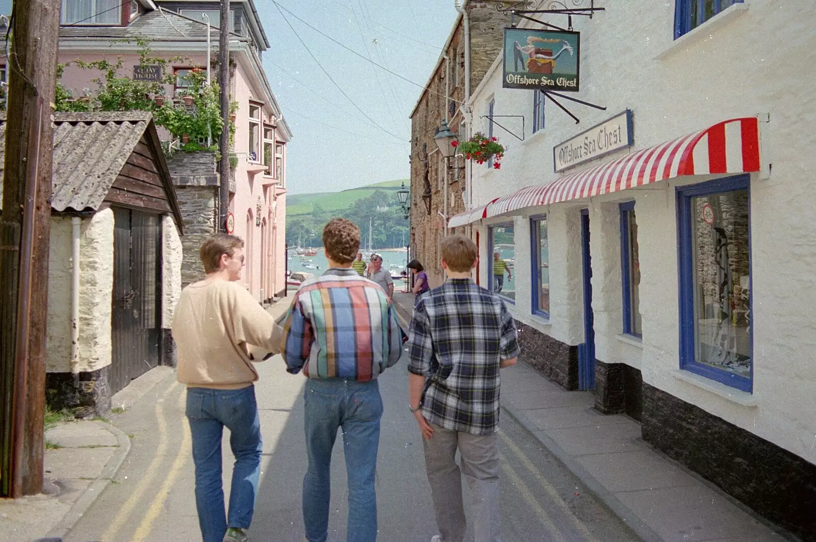 The lads walk past 'Offshore Sea Chest', from Uni: Twenty One Guns and Footie on the Beach, Plymouth Hoe and Salcombe, Devon - 15th June 1986