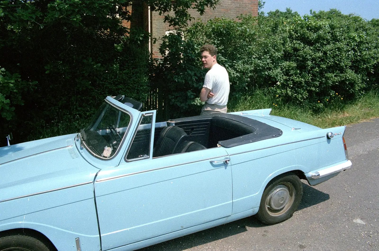 Jon and his baby-blue Triumph Herald, from A Ford Cottage Miscellany, Barton on Sea, Hampshire - 7th July 1986