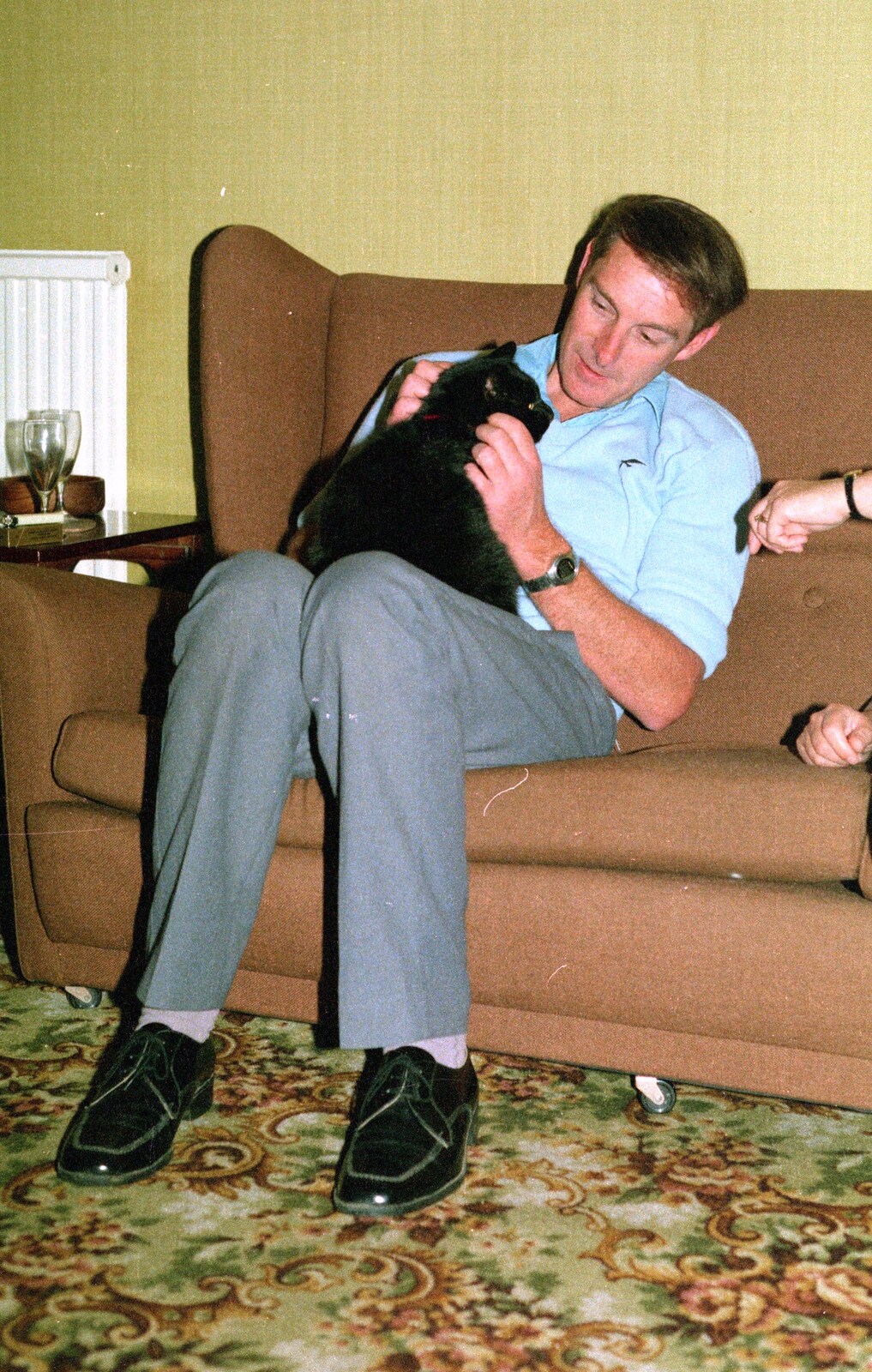 Brian interacts with the cat from A CB Radio Party, Stem Lane, New Milton - 15th July 1986
