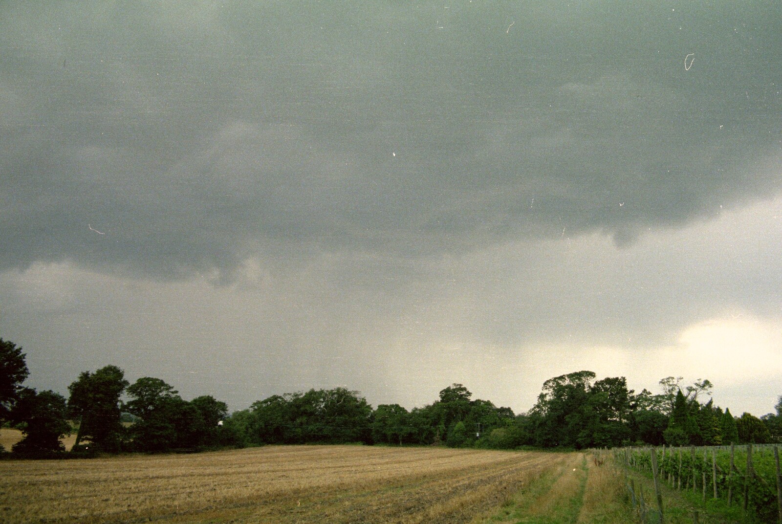 Dark skies over the field next to the vineyard from A Vineyard Miscellany, Bransgore and the New Forest - 18th July 1986