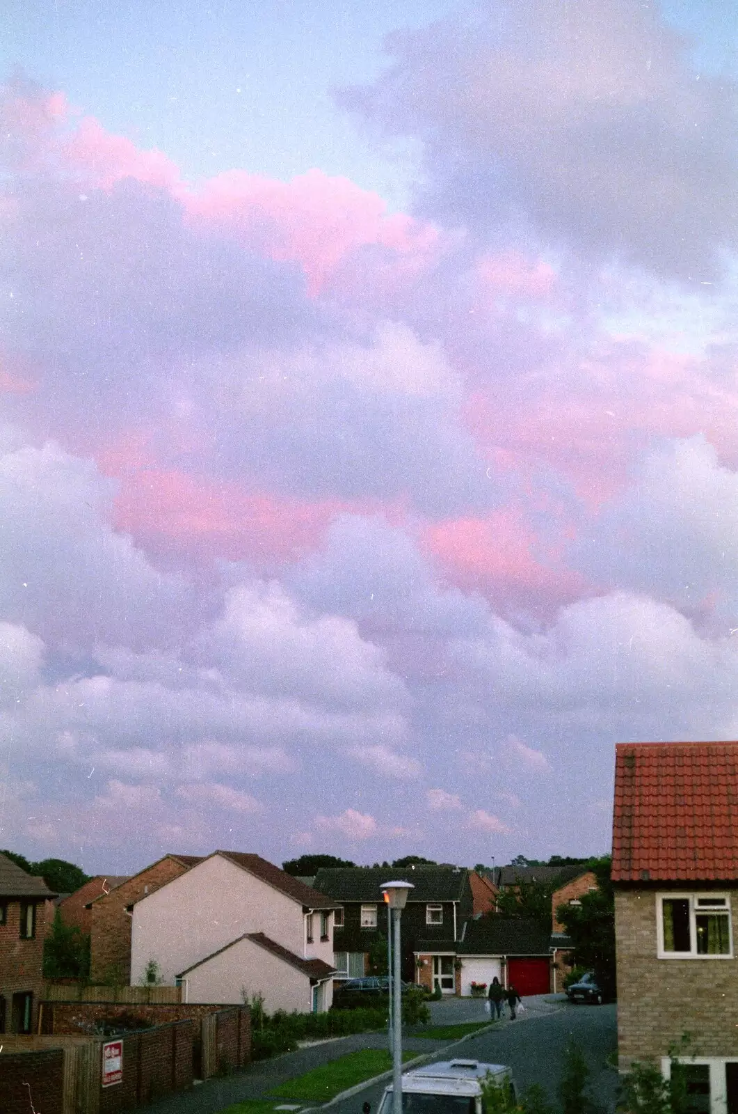 A pink and purple sunset over Harvester Way, from Harvester Way Randomness, Lymington, Hampshire - 19th July 1986