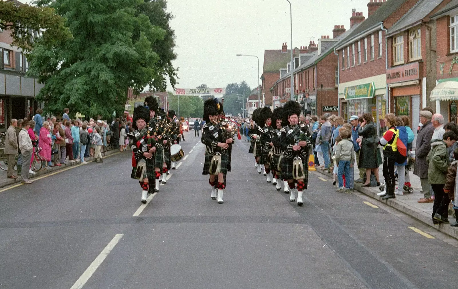 The Ringwood Pipe Band on Station Road, from The New Forest Marathon, New Milton, Hampshire - 14th September 1986