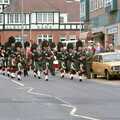 The Ringwood Pipe Band marches down Station Road, The New Forest Marathon, New Milton, Hampshire - 14th September 1986