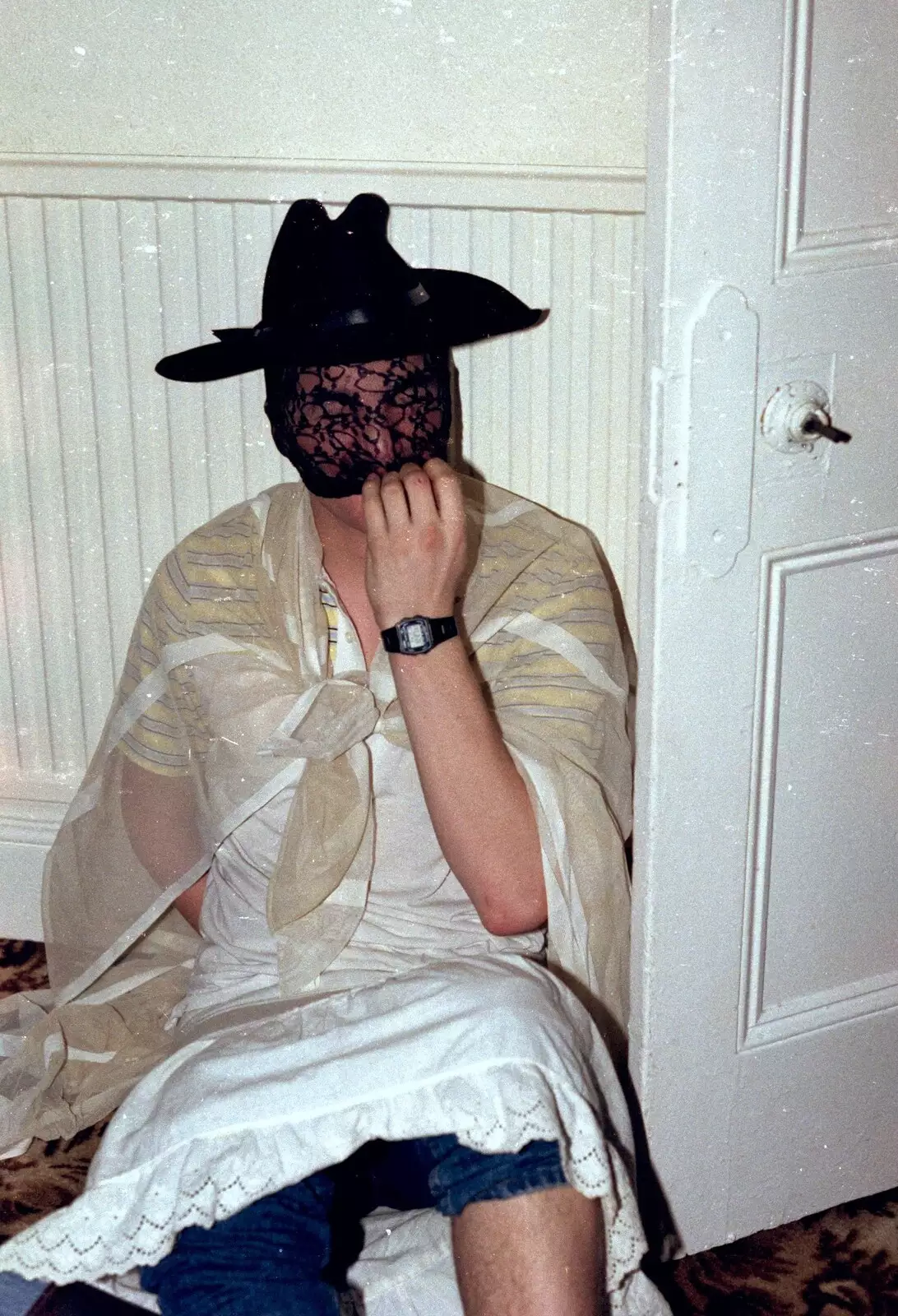 Fishnet face, from Uni: Simon Read's Party, North Road East, Plymouth - 10th October 1986