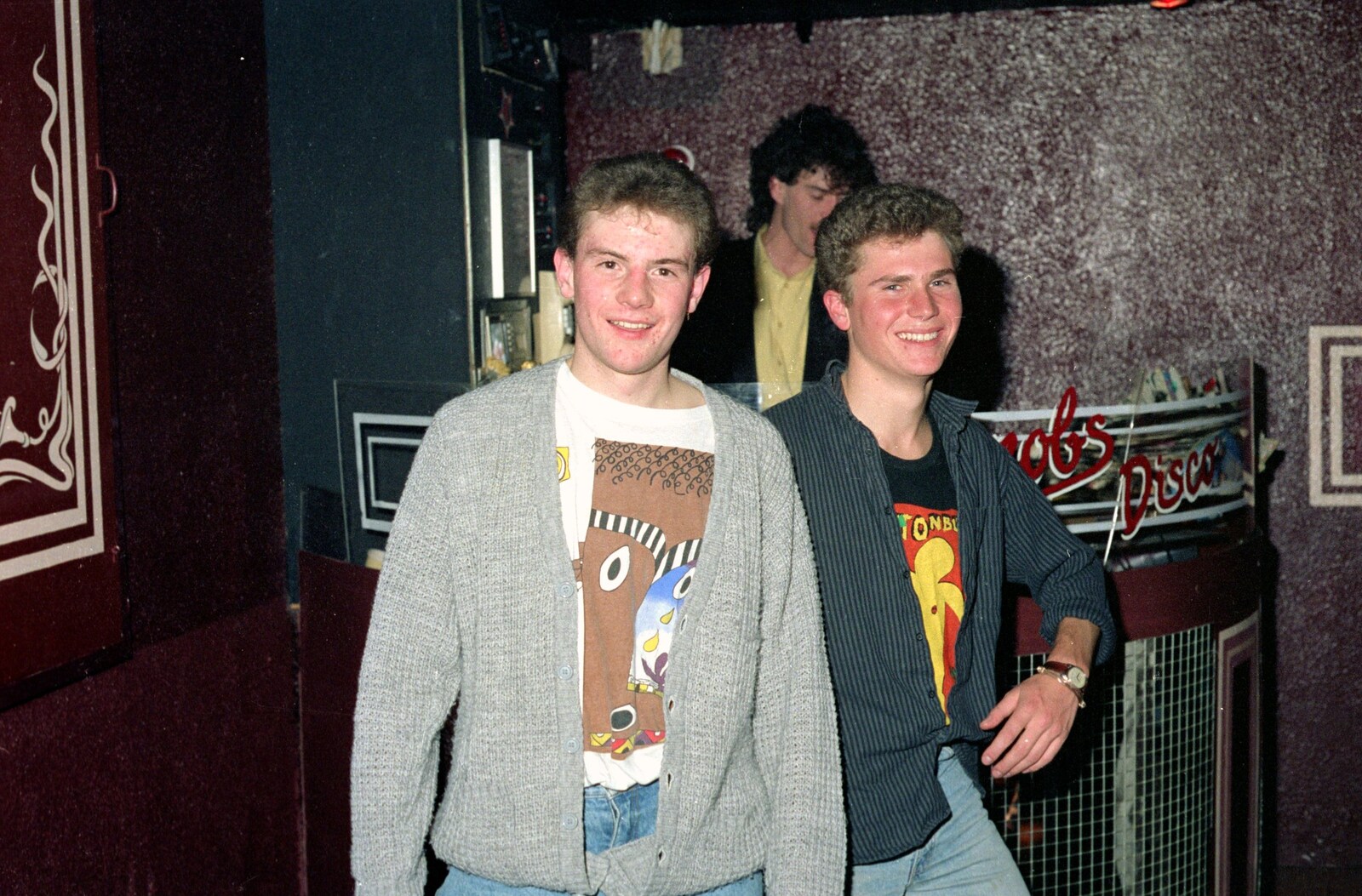 Malc and his mate by the DJ booth from Uni: A Party in Snobs Nightclub, Mayflower Street, Plymouth - 18th October 1986