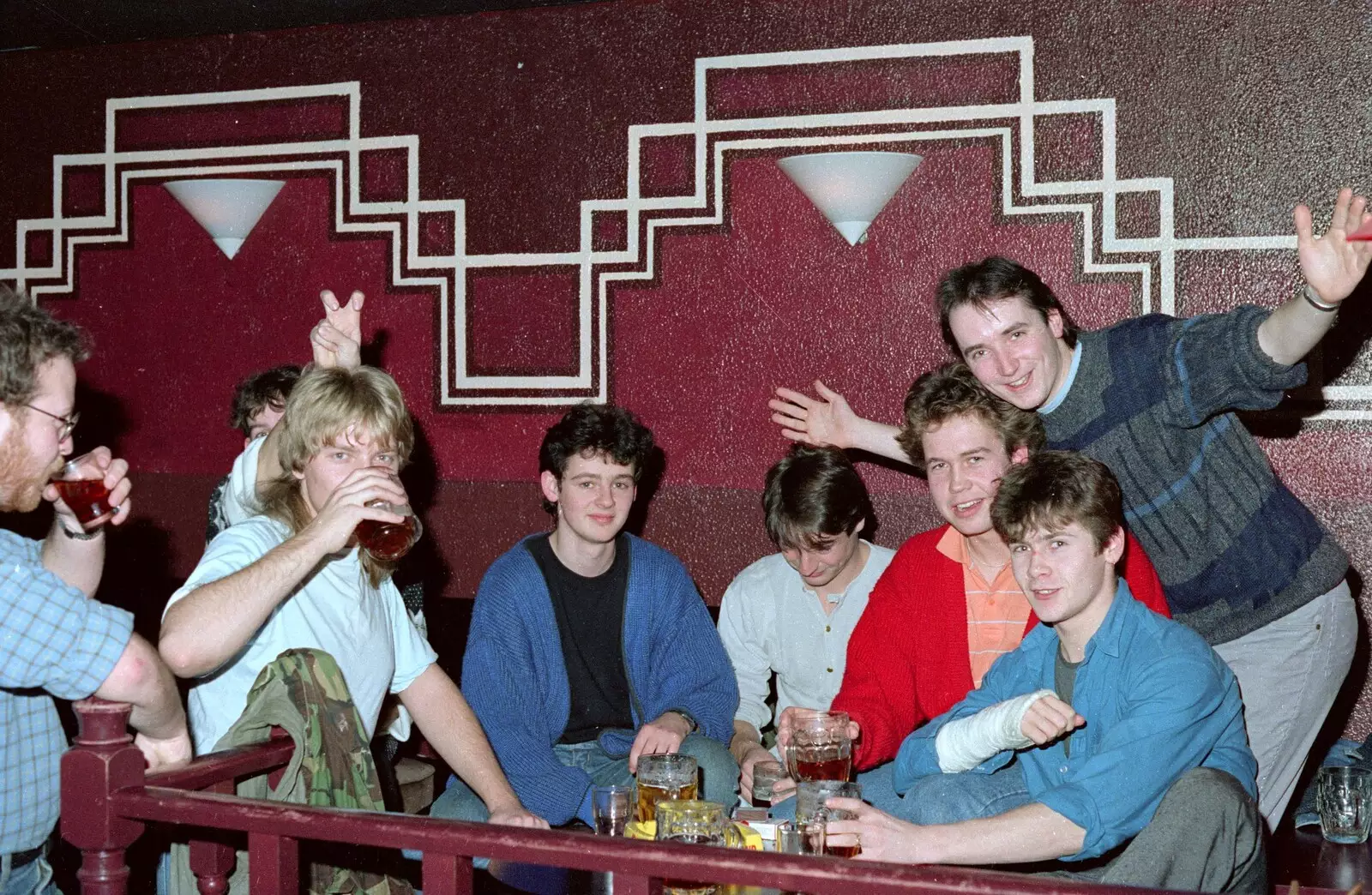 Another bunch of boys on the beer, from Uni: A Party in Snobs Nightclub, Mayflower Street, Plymouth - 18th October 1986