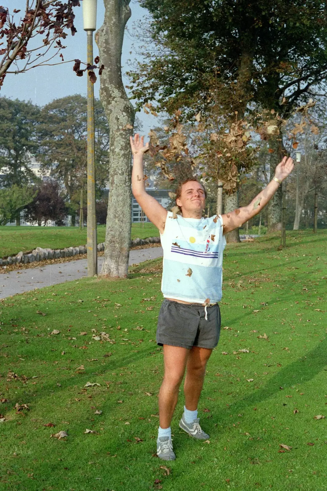 Bray Feature throws leaves in to the air, from Uni: A Plymouth Hoe Kickabout, Plymouth, Devon - 20th October 1986