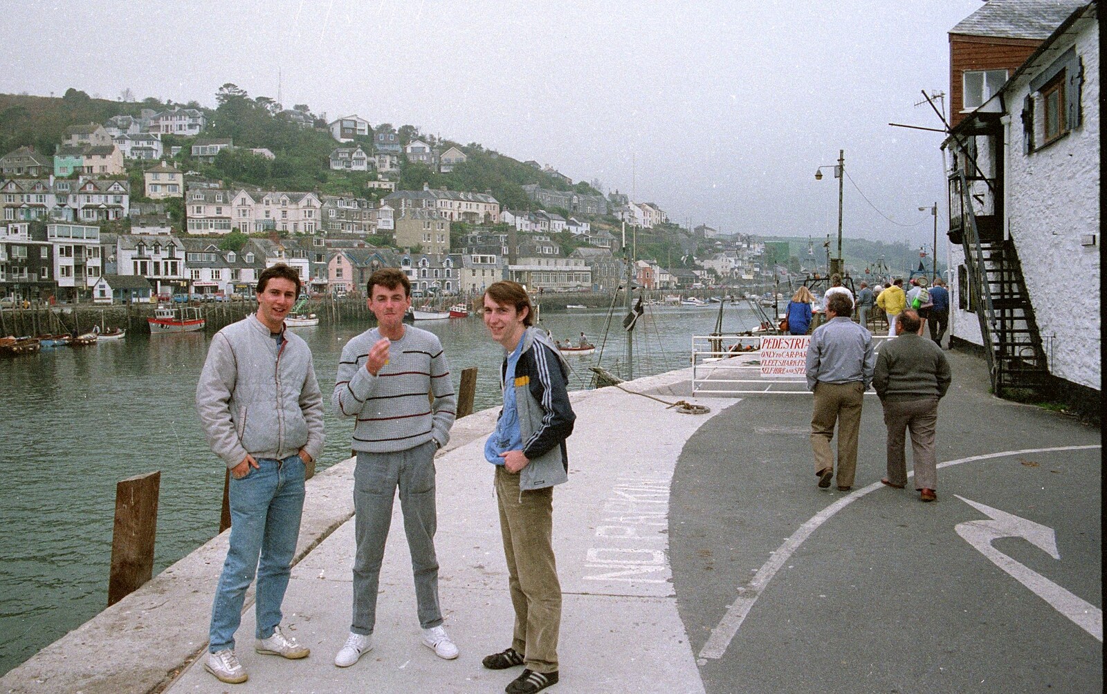 Riki, John Stewart and Dave down by the harbour in Looe from Uni: A Plymouth Hoe Kickabout, Plymouth, Devon - 20th October 1986