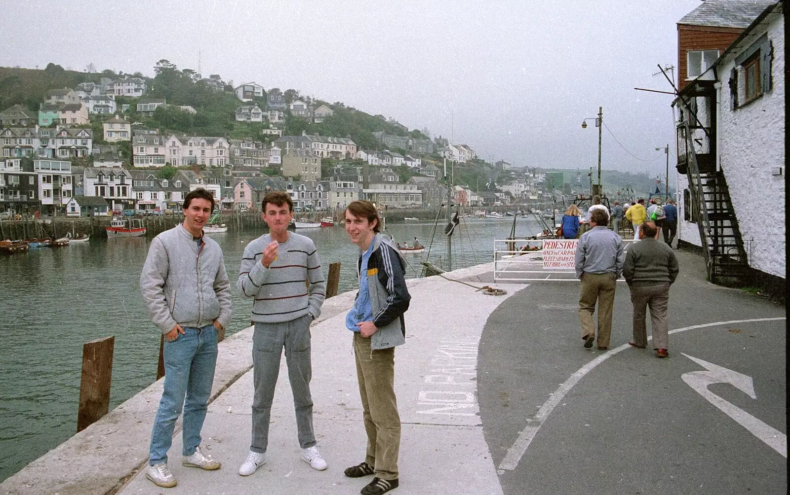 Riki, John Stewart and Dave down by the harbour in Looe, from Uni: A Plymouth Hoe Kickabout, Plymouth, Devon - 20th October 1986