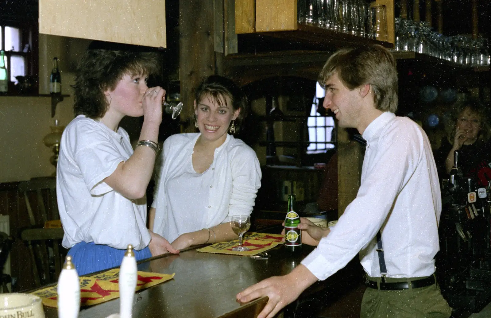 Ruth pretends to have a sip, from Uni: The Plymouth Polytechnic Satique Project, Salcombe and Plymouth - 10th November 1986