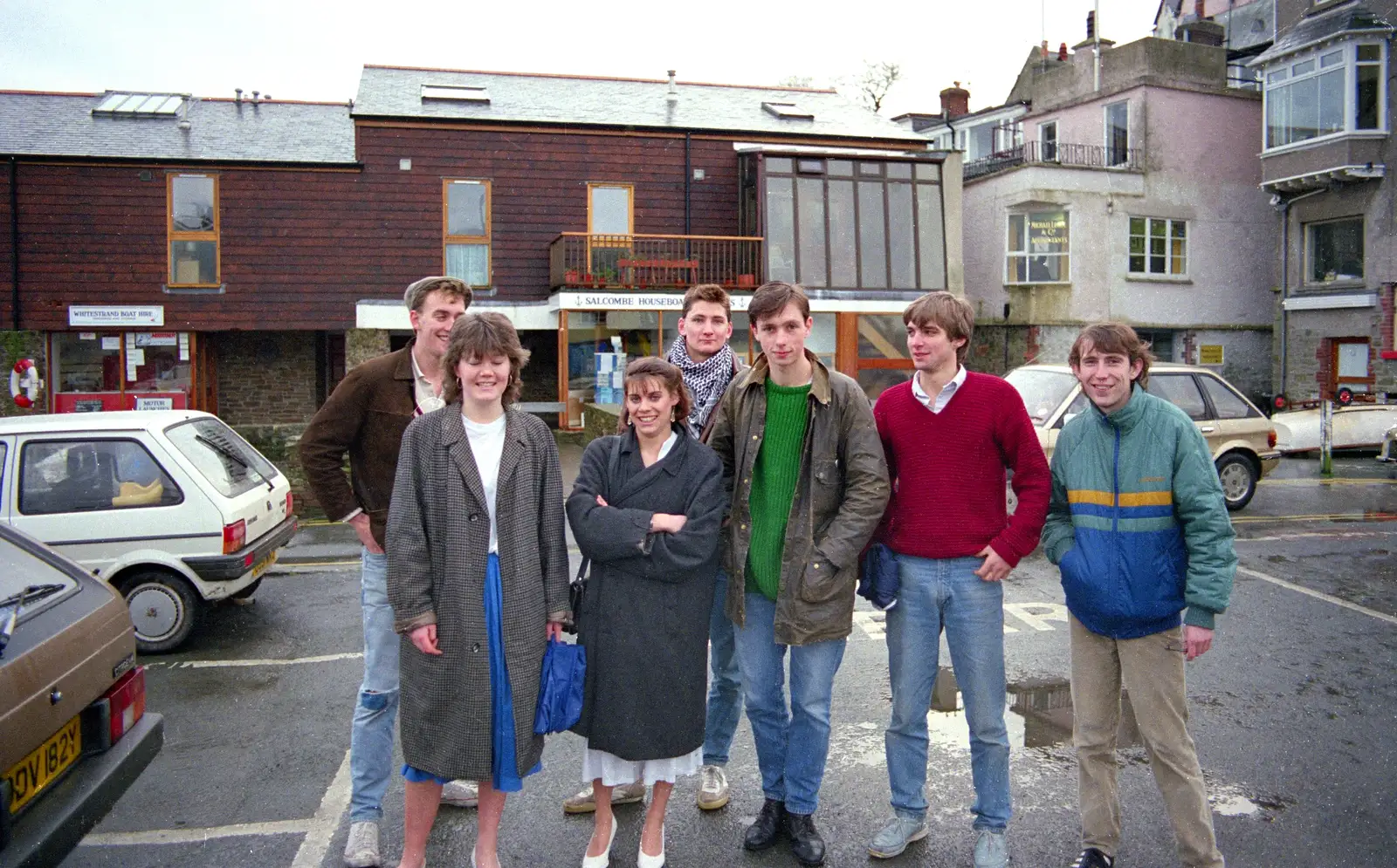 A group photo after the Salcombe photo shoot, from Uni: The Plymouth Polytechnic Satique Project, Salcombe and Plymouth - 10th November 1986