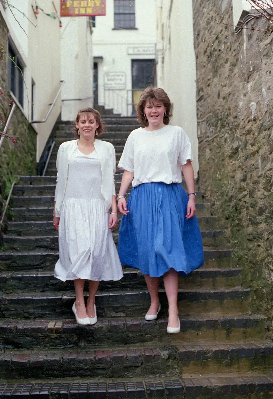 Michelle and Ruth stroll down the steps, from Uni: The Plymouth Polytechnic Satique Project, Salcombe and Plymouth - 10th November 1986