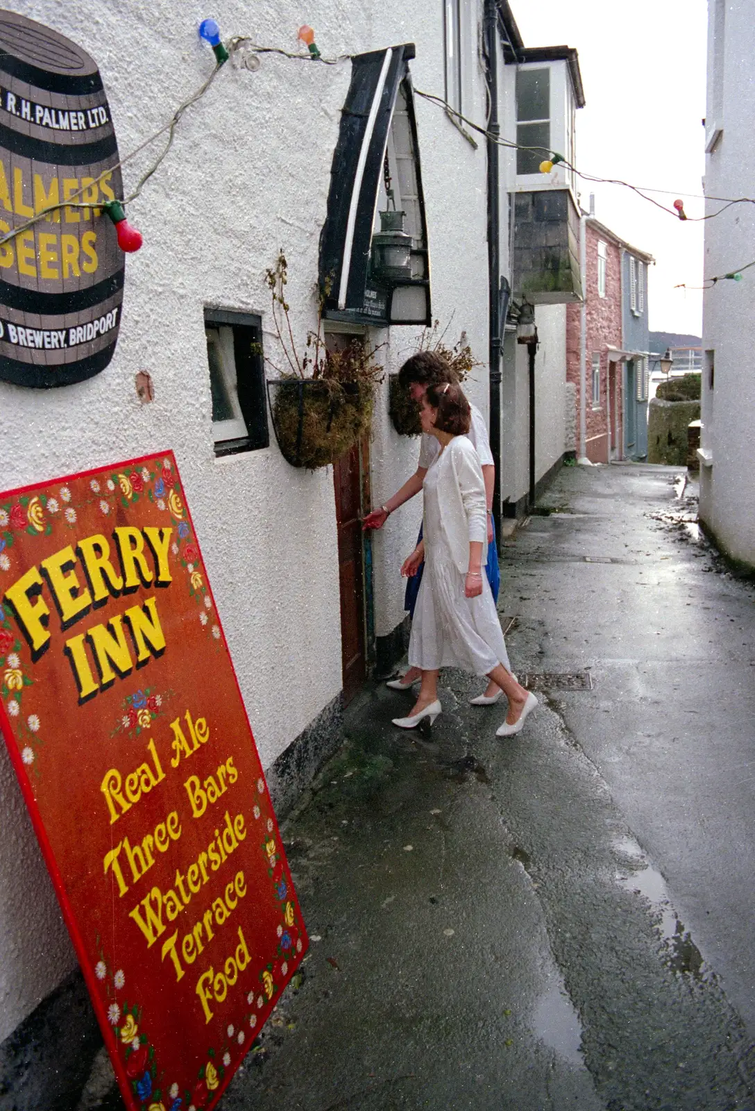 Ruth and Michelle enter the pub, from Uni: The Plymouth Polytechnic Satique Project, Salcombe and Plymouth - 10th November 1986