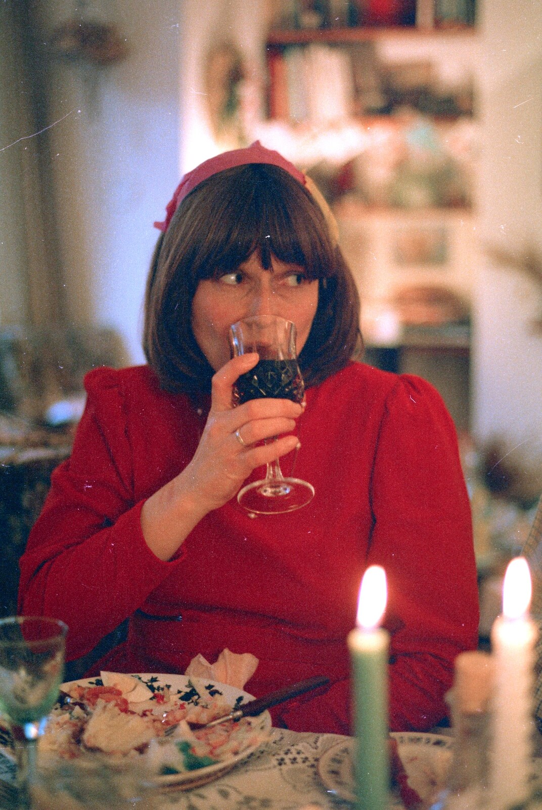 Caroline and a glass of wine from Christmas with Neil and Caroline, Burton, Dorset - 25th December 1986